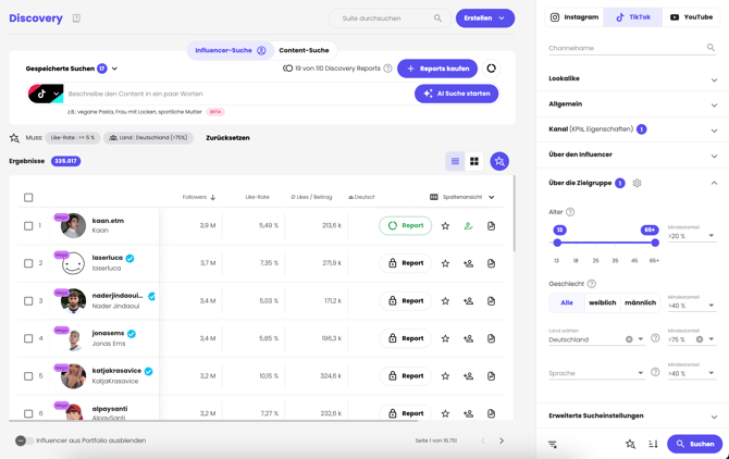 Influencer search with IROIN® thanks to more than 45 filters.