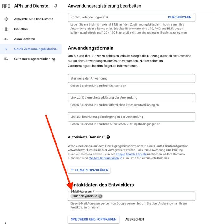 Kontaktdaten des Entwicklers eintragen