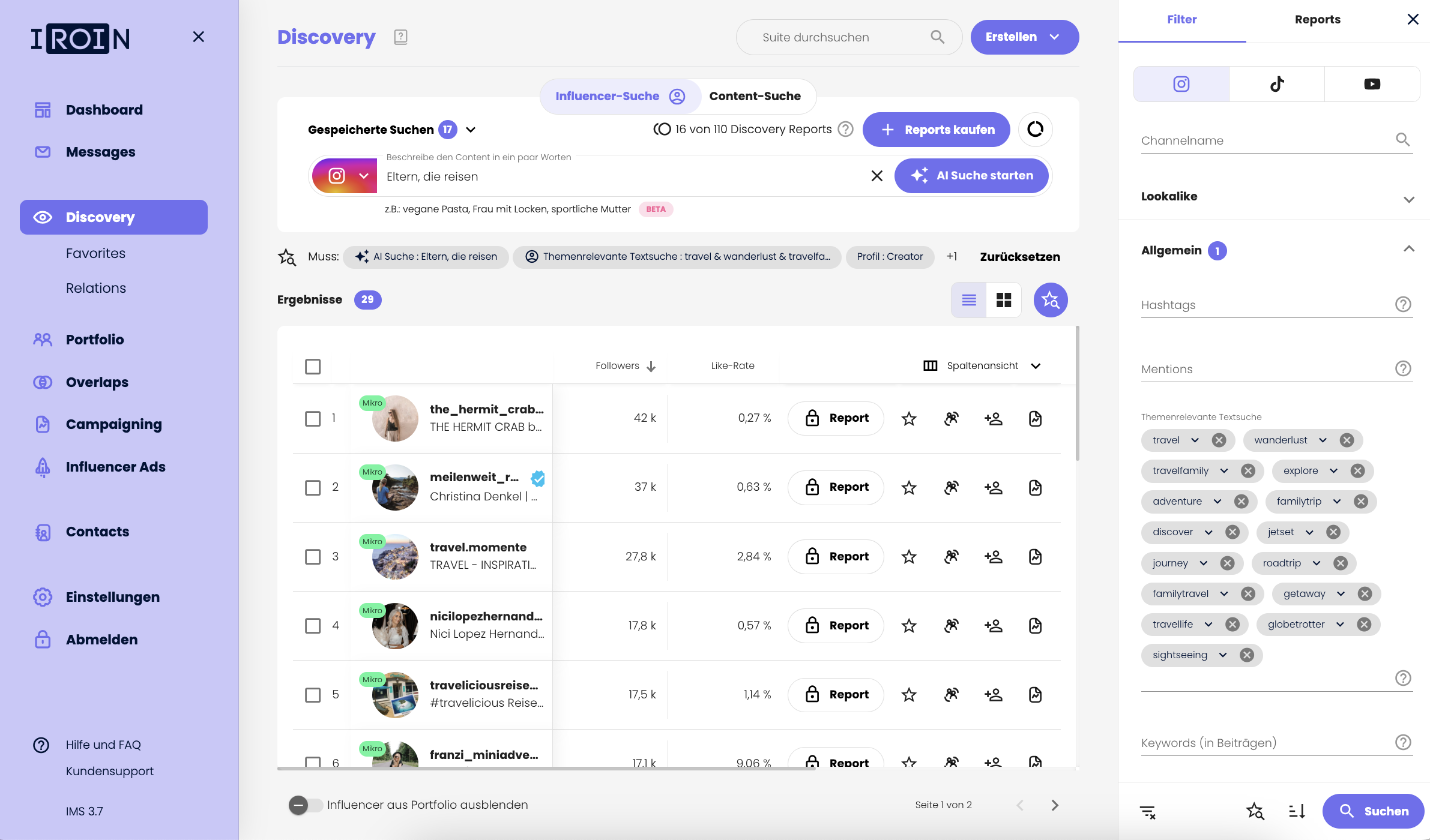 Influencer-Suche auf IROIN®