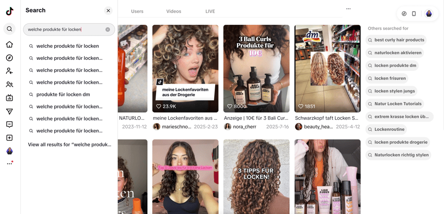 Screenshot einer TikTok Suche