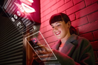 interface-night-woman-typing-phone-city-social-media-internet-online-search-5g-connection-girl-with-smile-mobile-with-digital-dashboard-web-dark